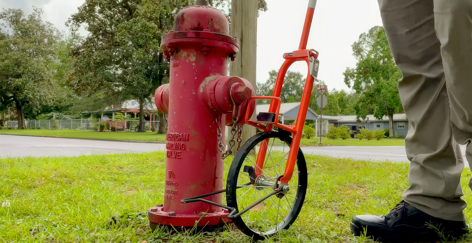 Measuring wheel beside a fire hydrant in the right of way